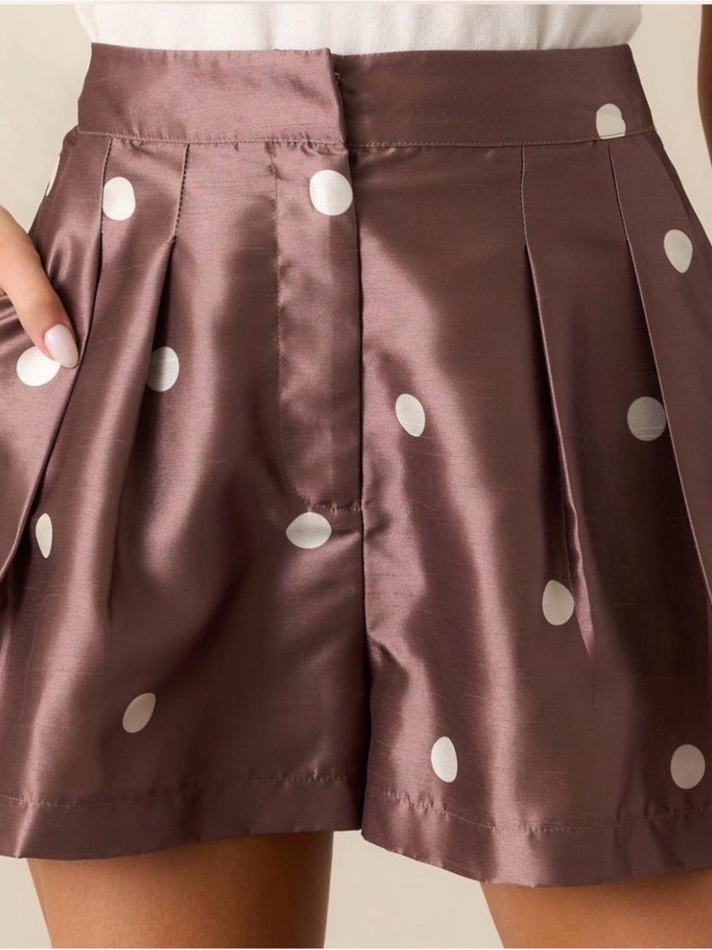 Polka Dot Satin Skirt Shorts in Mauve with White Dots